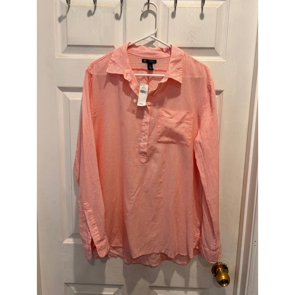 Gap Womens Boyfriend Fit Popover Shirt Coral Pink White Stripe Cotton‎ Large NWT